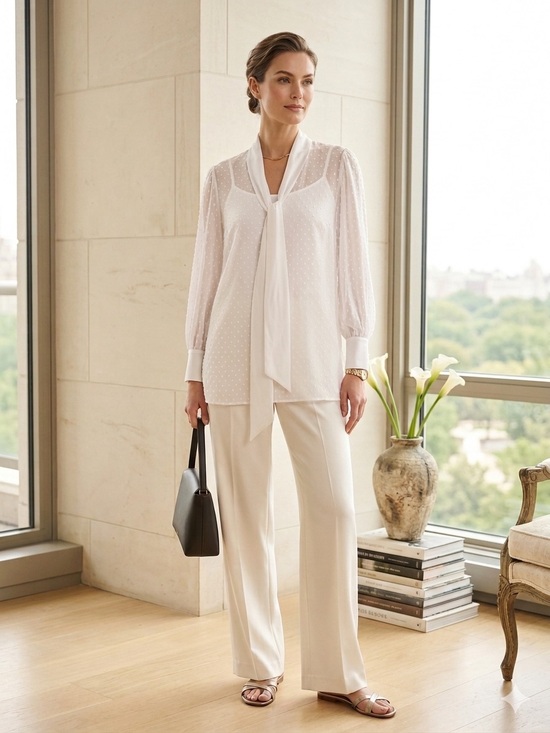 Adrianna Papell Tops - Adrianna Papell Ivory Swiss Dot Tie-Neck Blouse NWT